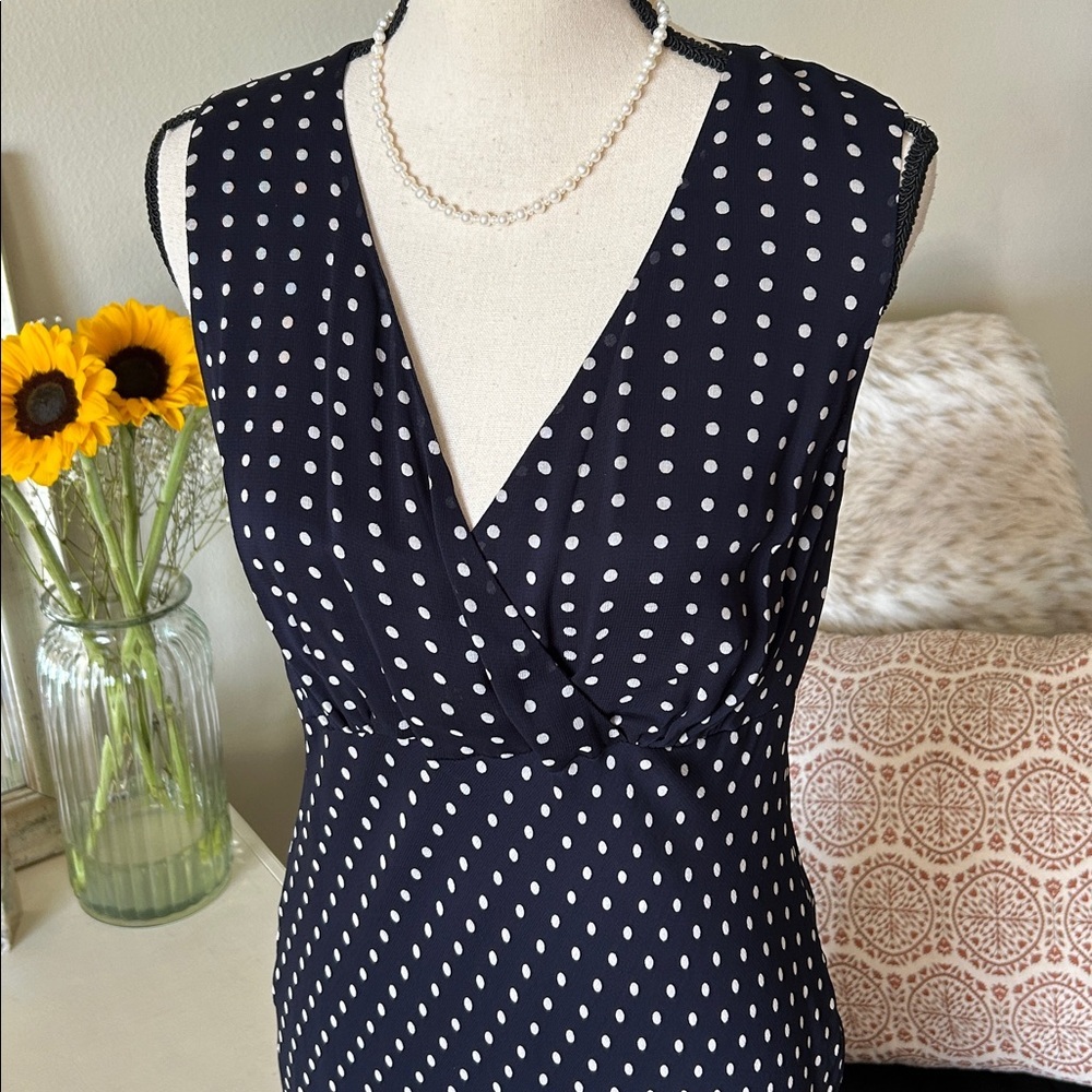 Style & Co. vtg navy polkadot chiffon feminine slip classic midi dress 8โ - Picture 2 of 14